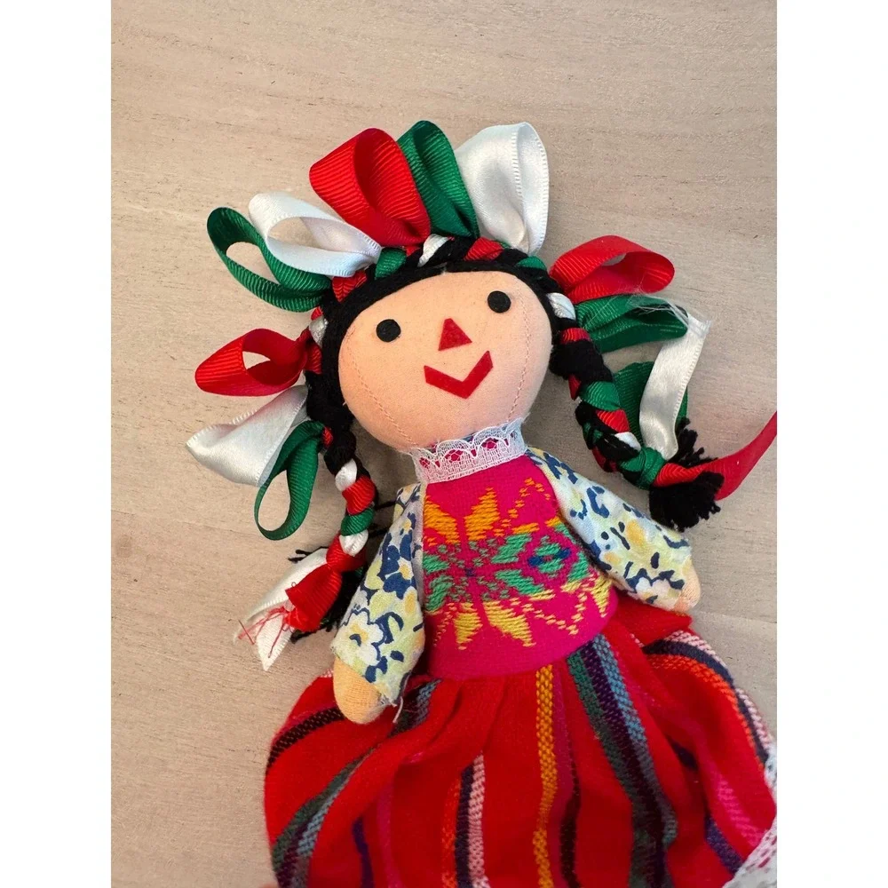 Handmade Mexican Maria Otomi Rag Doll Muneca Lele Ribbon Braids Embroidered